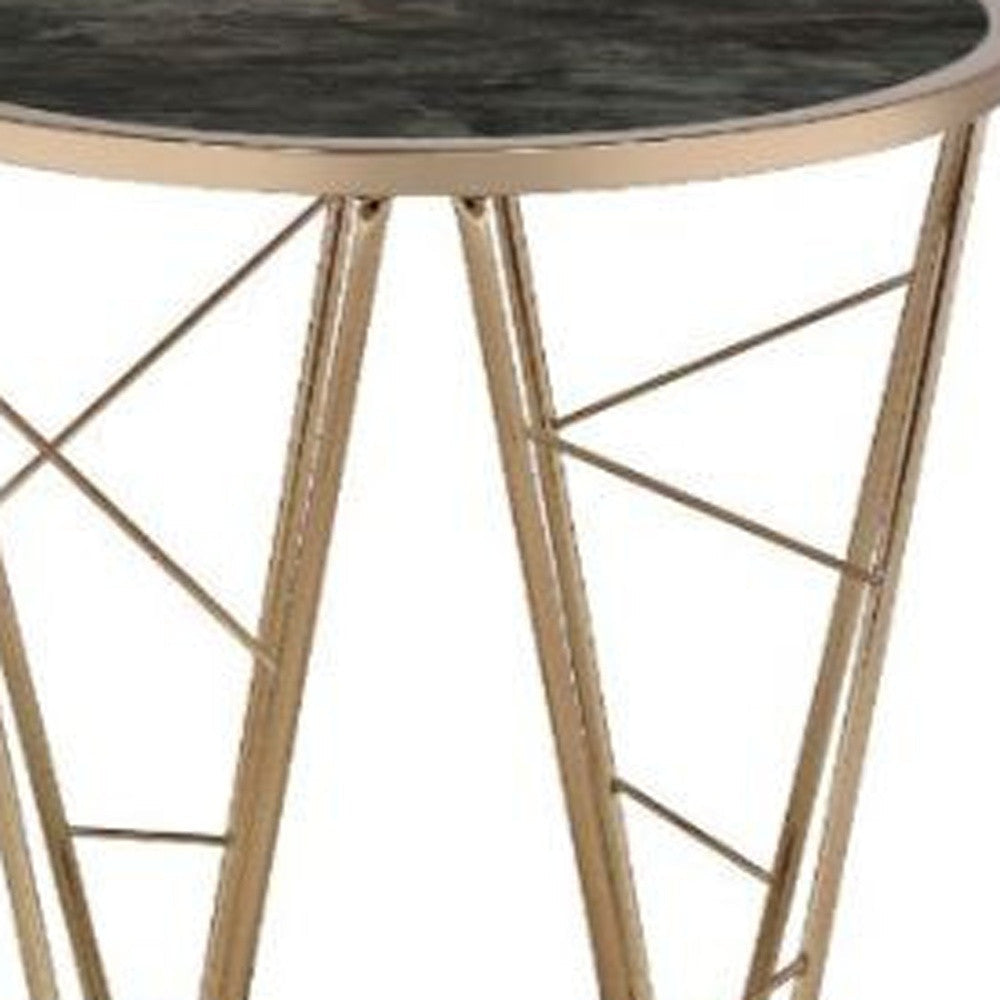 24" Champagne And Black Faux Marble Glass And Metal Round End Table Image 3