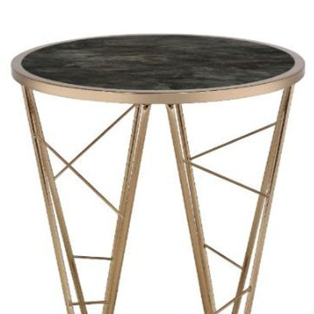 24" Champagne And Black Faux Marble Glass And Metal Round End Table Image 4