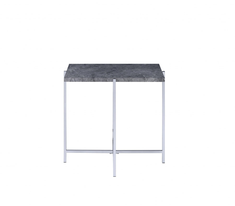 24" Chrome And Faux Marble Manufactured Wood And Metal Rectangular End Table Image 1