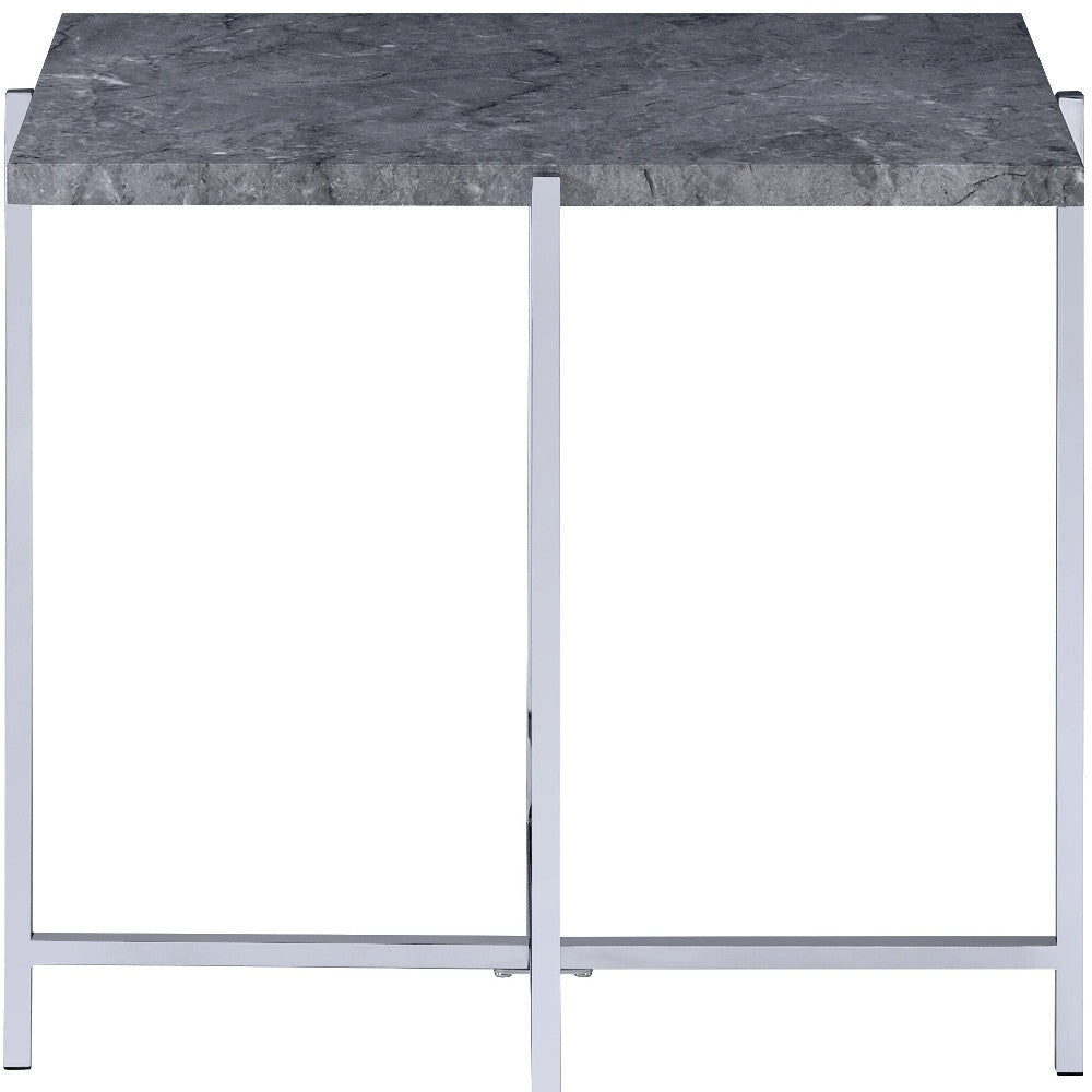 24" Chrome And Faux Marble Manufactured Wood And Metal Rectangular End Table Image 4