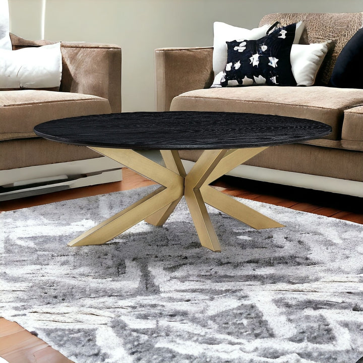 24" Black And Brass Solid Wood And Metal Oval Coffee Table Image 6