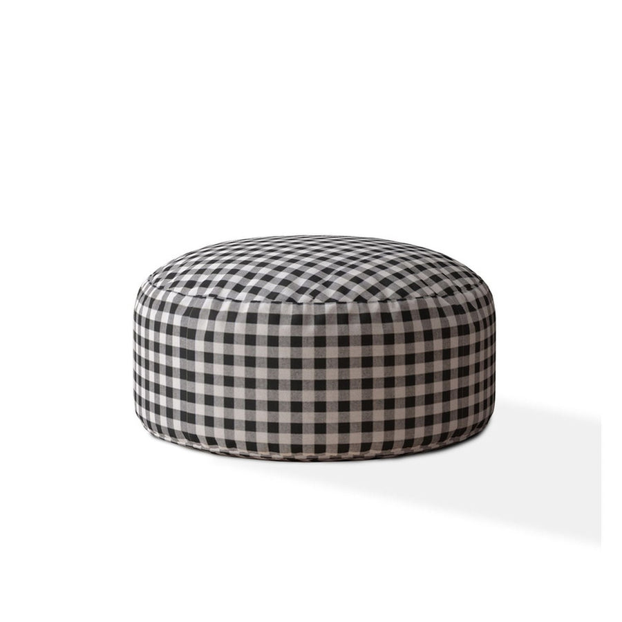 24" Black And Gray Cotton Round Gingham Pouf Cover Image 1