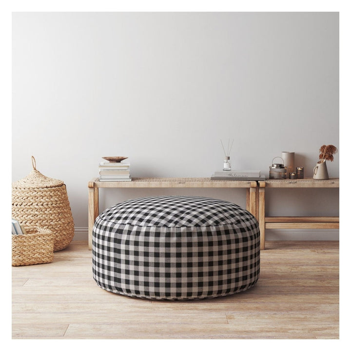 24" Black And Gray Cotton Round Gingham Pouf Cover Image 3
