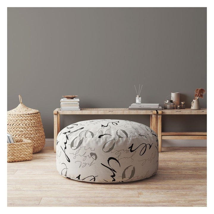 24" Black And Gray Polyester Round Abstract Pouf Cover Image 3