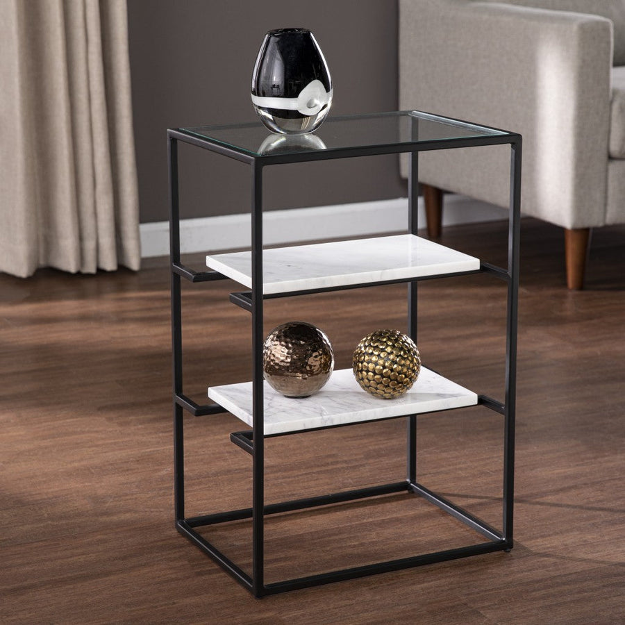 24" Black Glass and Marble Rectangular End Table With Two Shelves Image 1