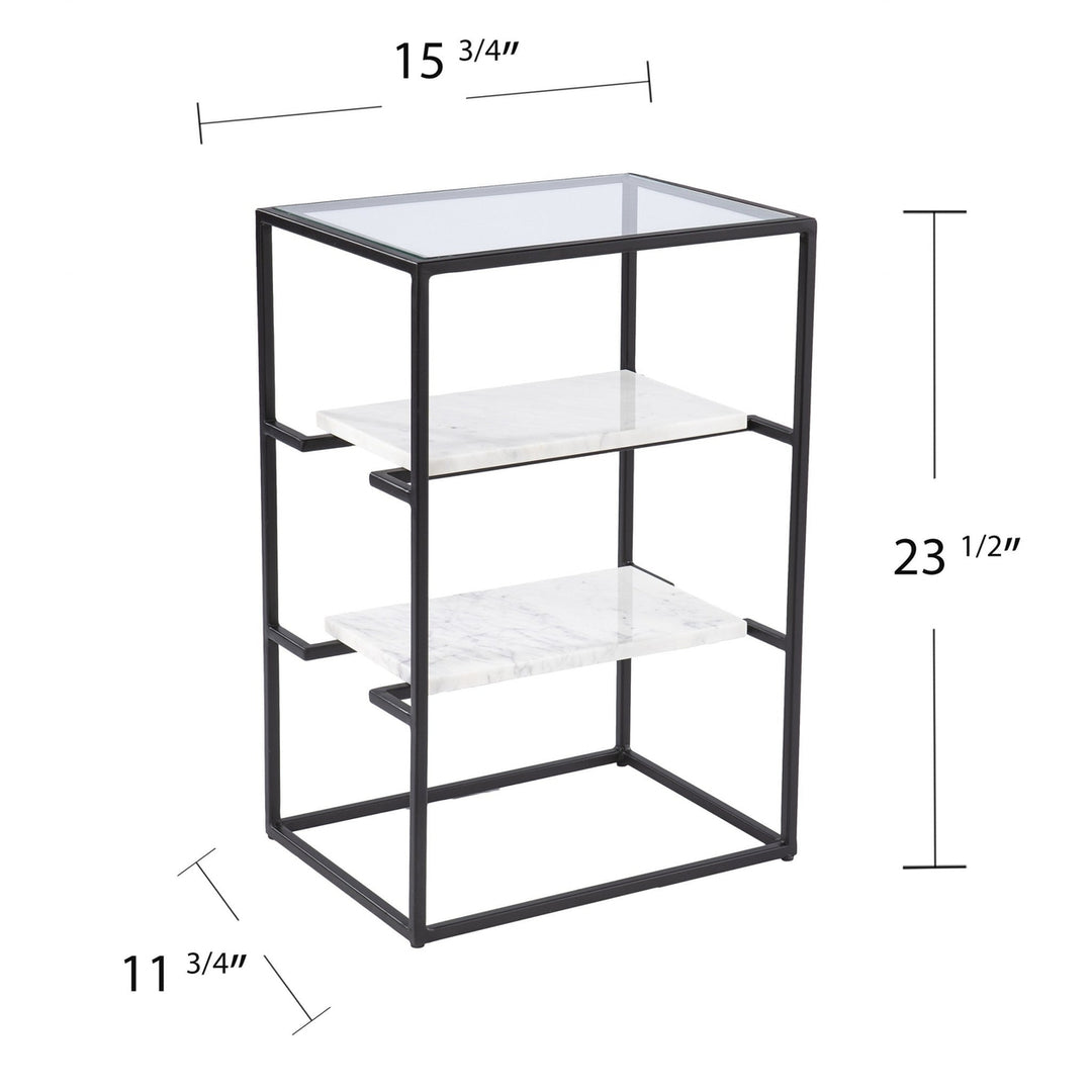 24" Black Glass and Marble Rectangular End Table With Two Shelves Image 5