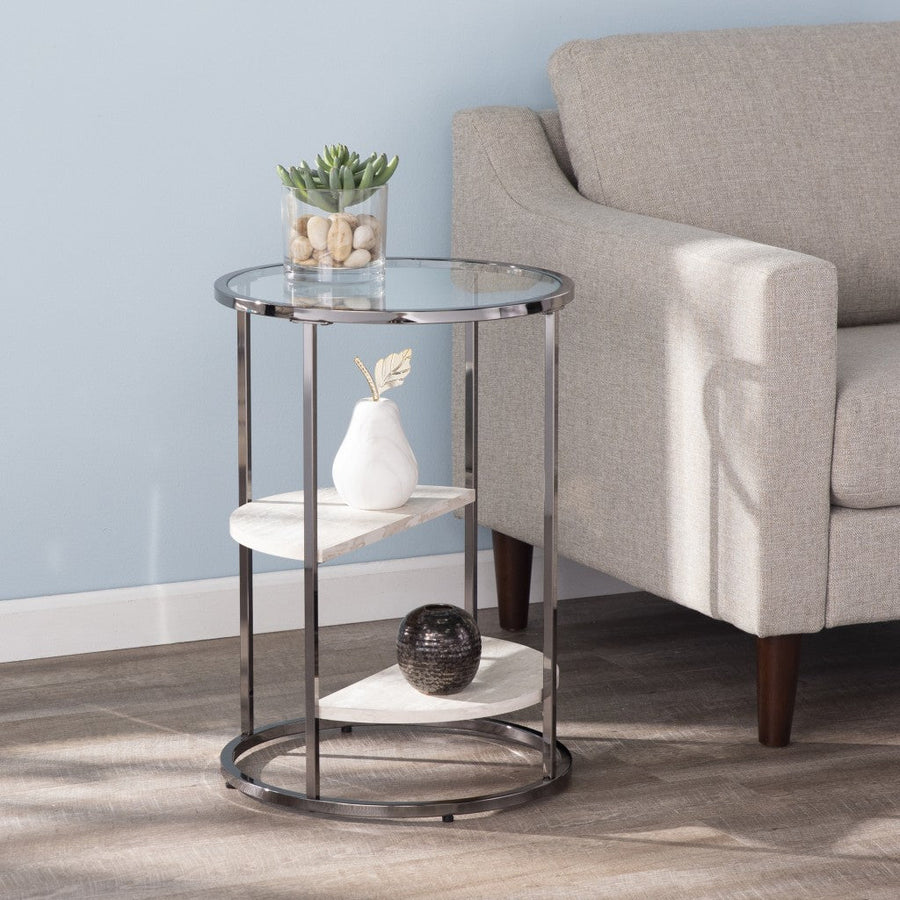 24" Black Metal Glass And Faux Marble Round End Table With Two Shelves Image 1