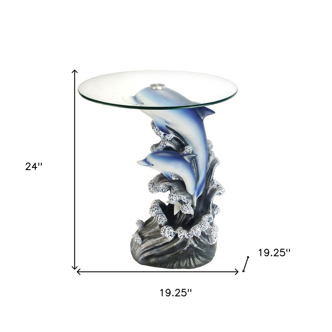 24" Blue And Clear Glass Round End Table Image 5