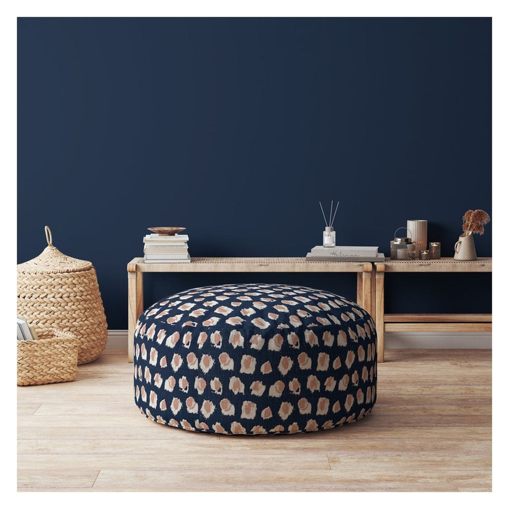 24" Blue Canvas Round Abstract Pouf Ottoman Image 2