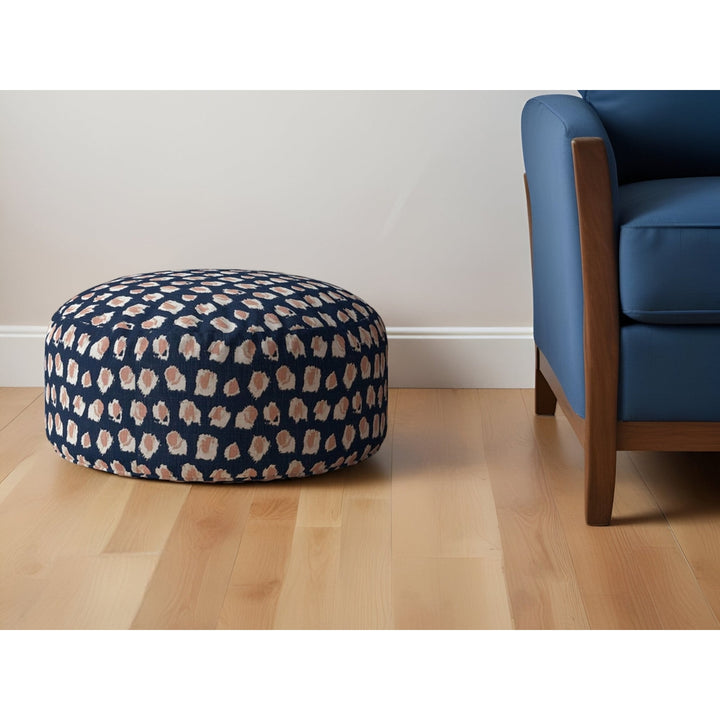 24" Blue Canvas Round Abstract Pouf Ottoman Image 4