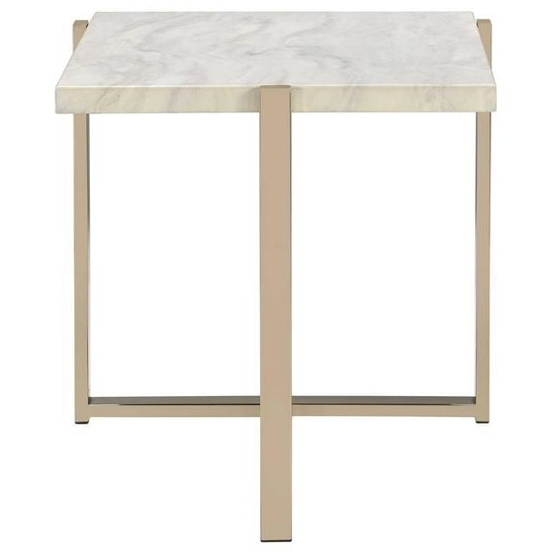 24" Brass And White Faux Marble End Table Image 2