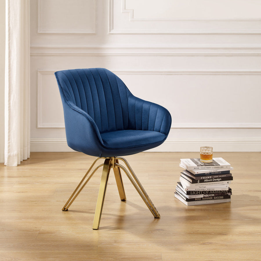 23" Blue Velvet And Gold Swivel Arm Chair Image 1
