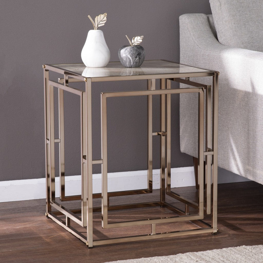 23" Champagne Glass And Iron Square End Table Image 1