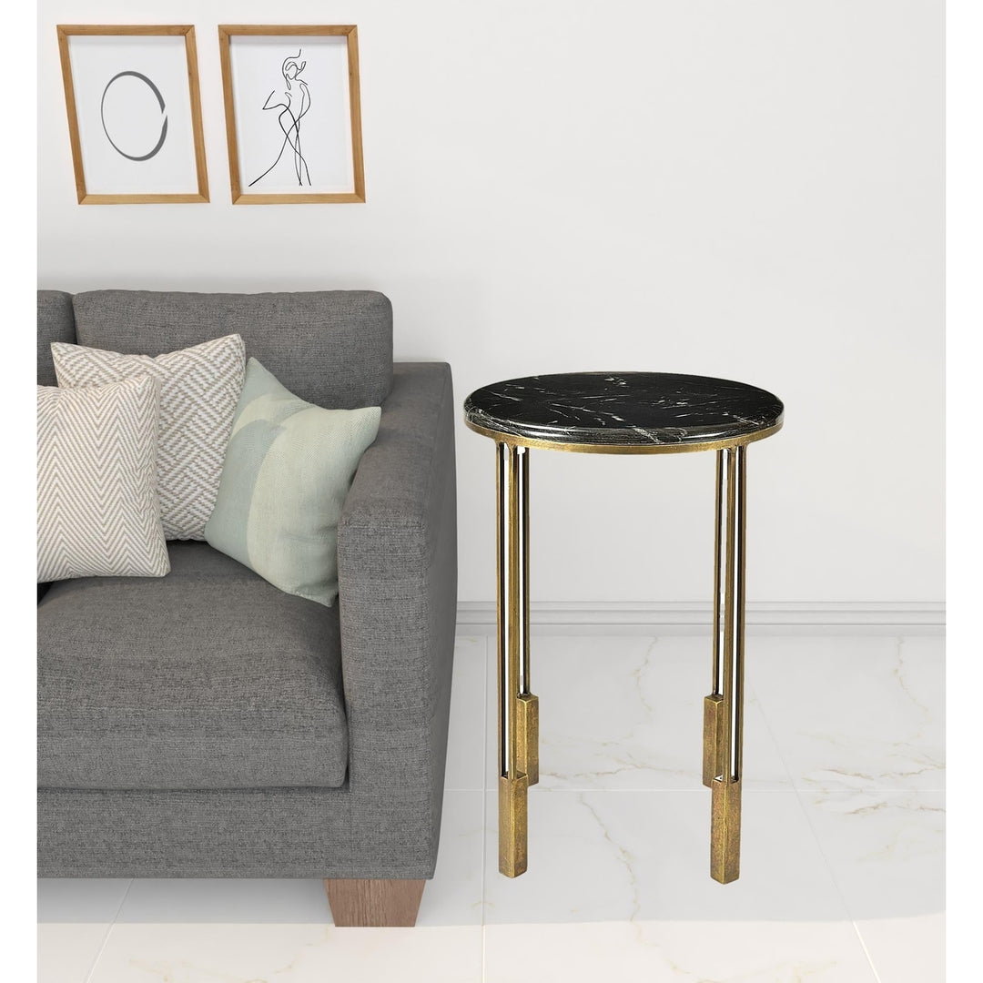 23" Gold And Black Marble And Iron Round End Table Image 5