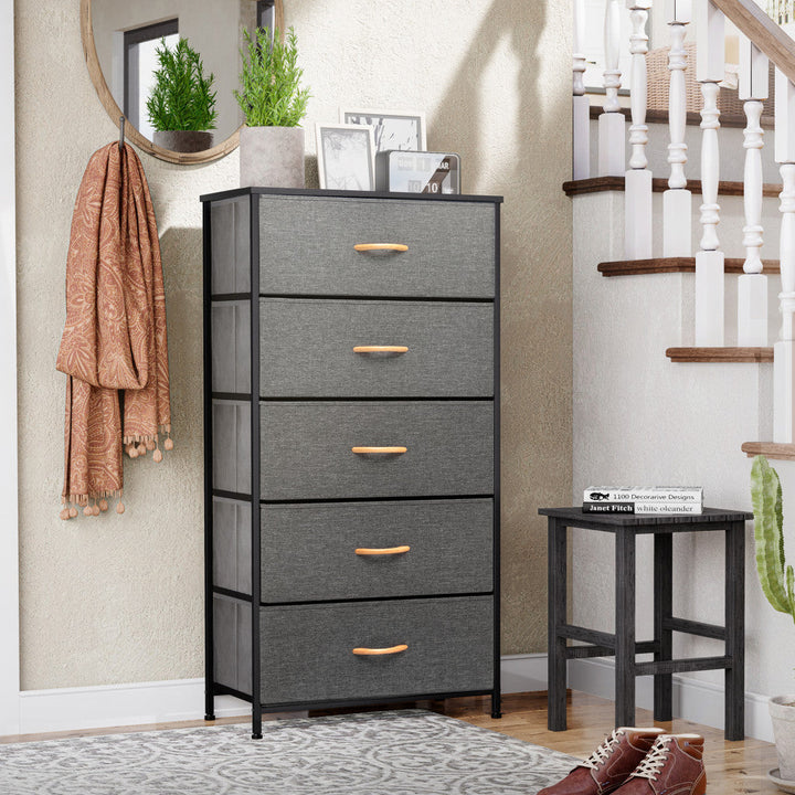 23" Gray and Black Steel and Fabric Five Drawer Chest Image 3