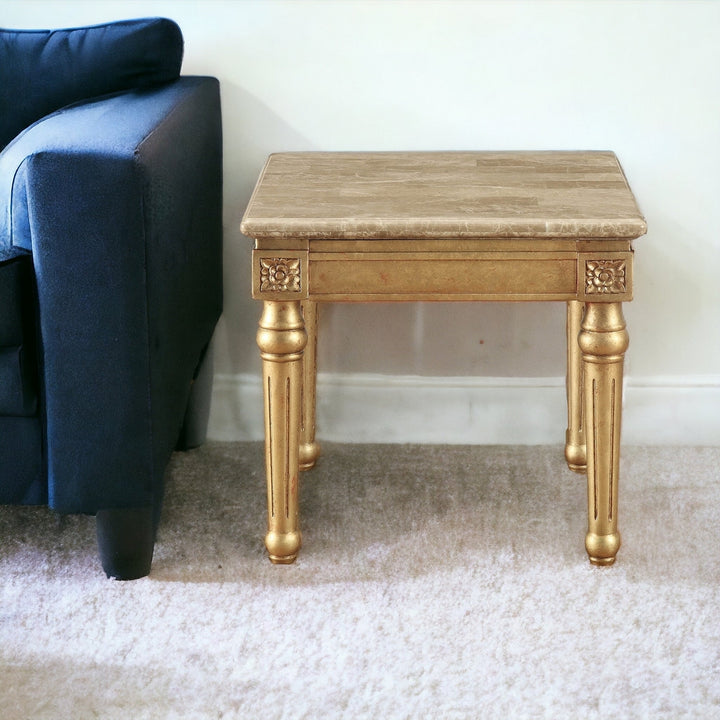 24" Antique Gold And White Faux Marble Square End Table Image 6