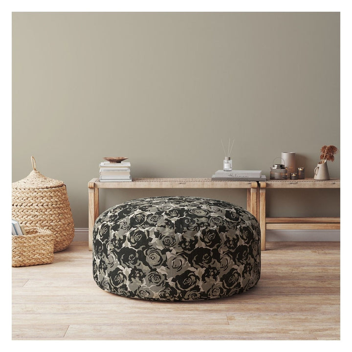 24" Beige Canvas Round Floral Pouf Cover Image 3