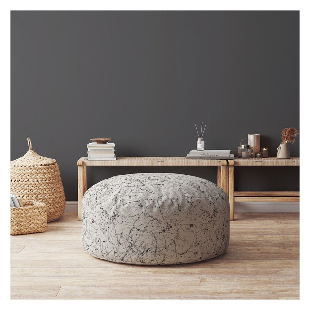 24" Beige Cotton Round Abstract Pouf Ottoman Image 2