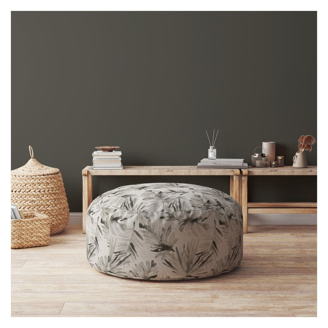 24" Beige Cotton Round Floral Pouf Cover Image 3