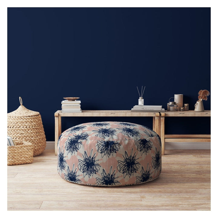 24" Pink And Blue Canvas Round Floral Pouf Cover Image 3