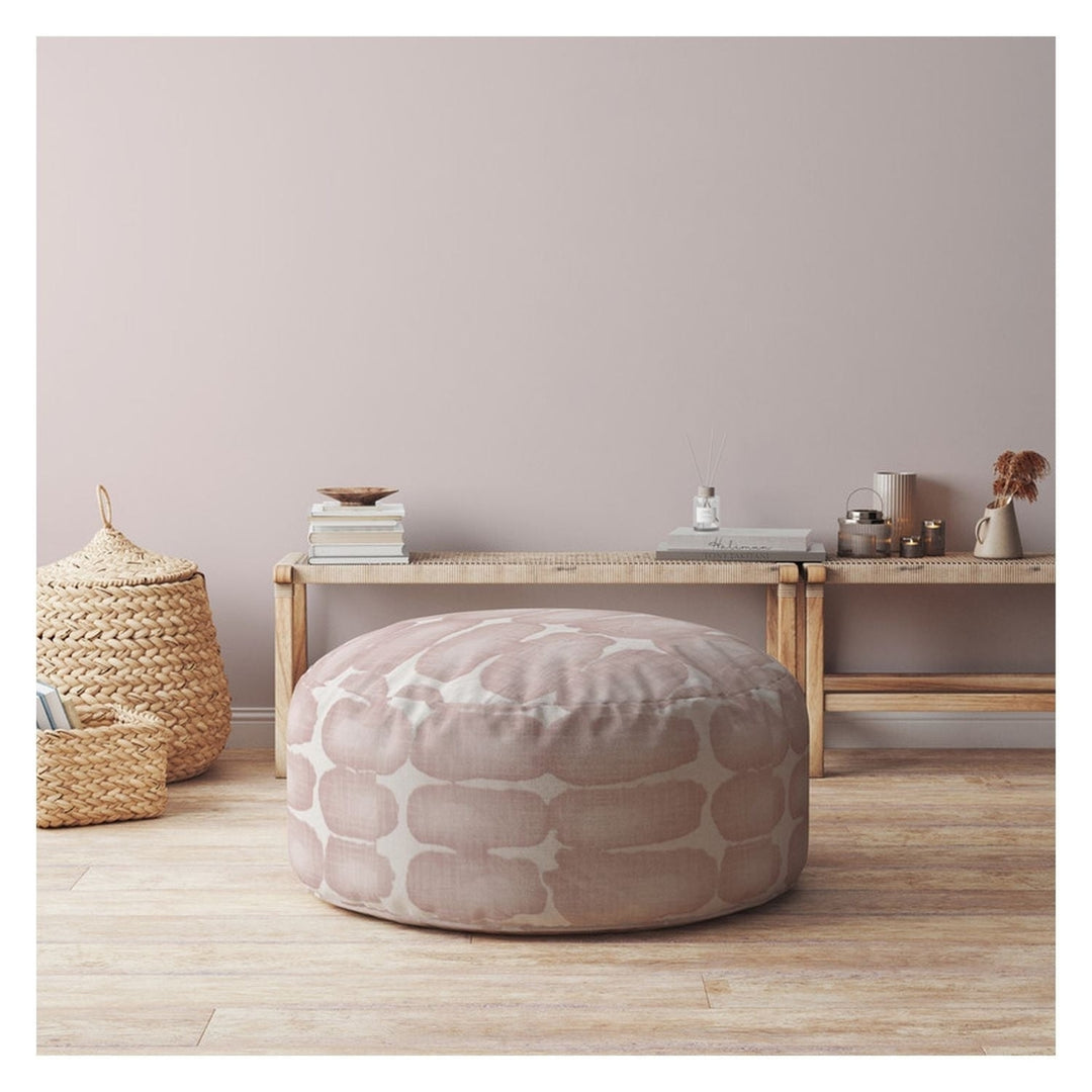 24" Pink And White Canvas Round Abstract Pouf Cover Image 3