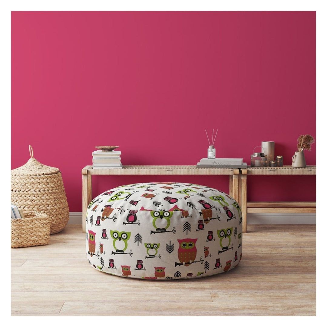 24" Pink And White Cotton Round Owls Pouf Cover Image 3