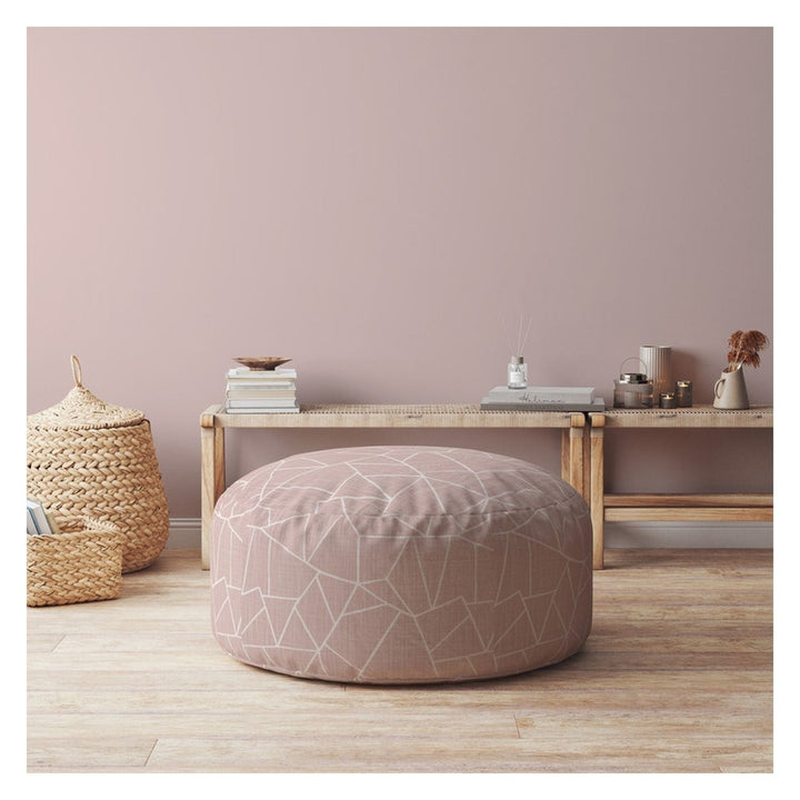 24" Pink Canvas Round Geometric Pouf Ottoman Image 2