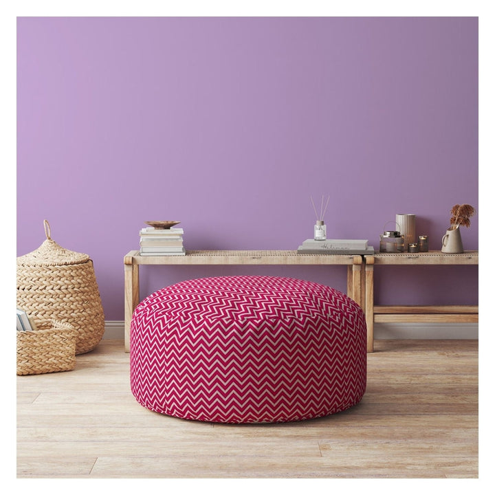 24" Pink Cotton Round Chevron Pouf Cover Image 3