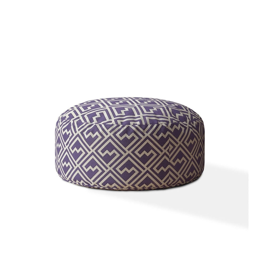 24" Purple And White Cotton Round Abstract Pouf Cover Image 1