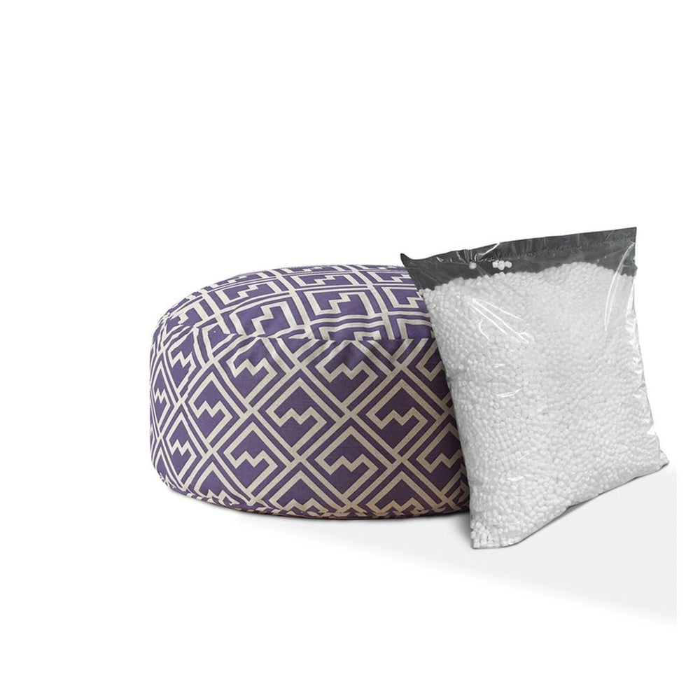 24" Purple And White Cotton Round Abstract Pouf Cover Image 2