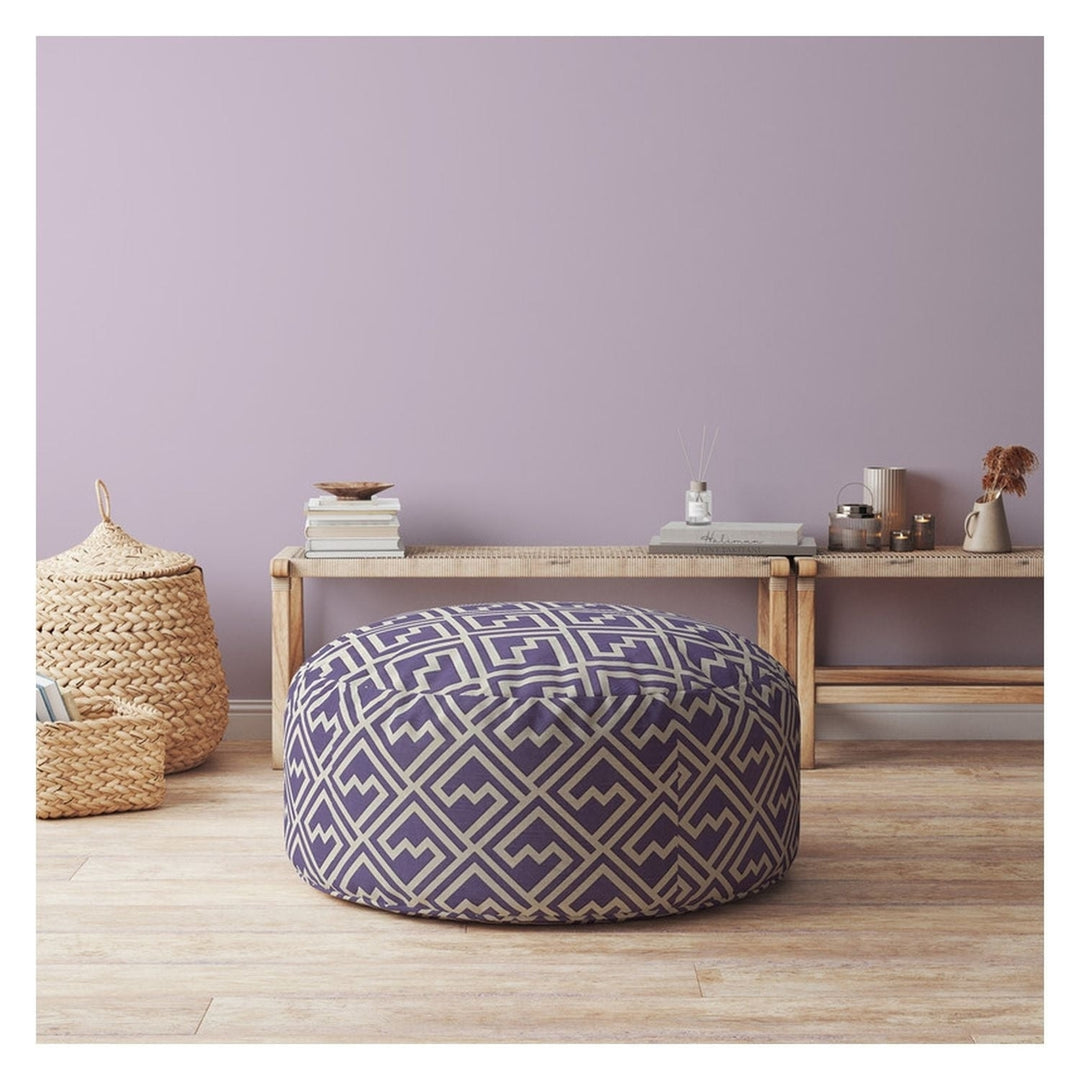 24" Purple And White Cotton Round Abstract Pouf Cover Image 3