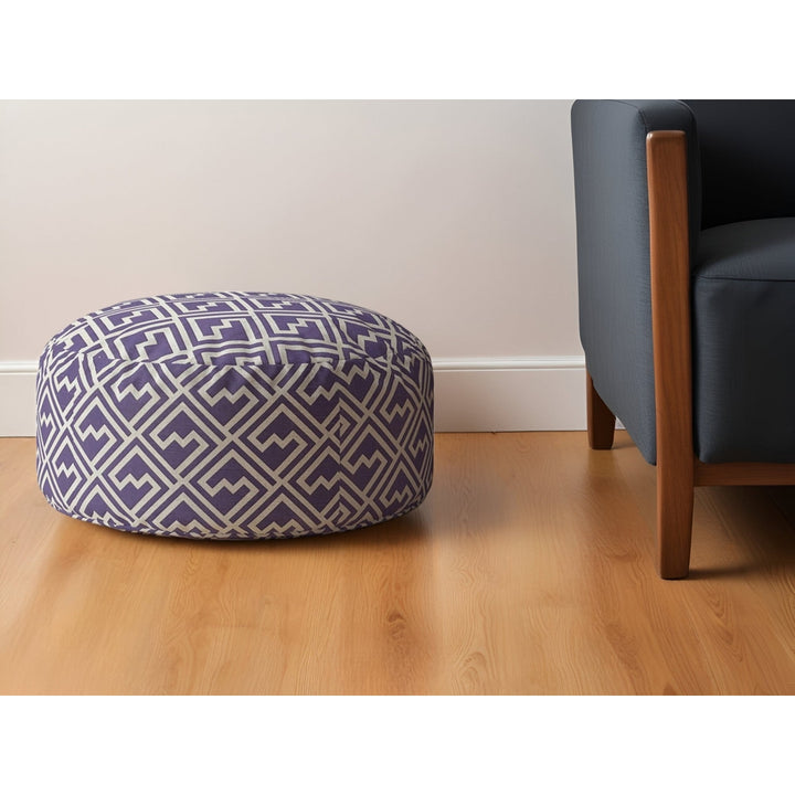 24" Purple and White Cotton Round Damask Pouf Ottoman Image 4