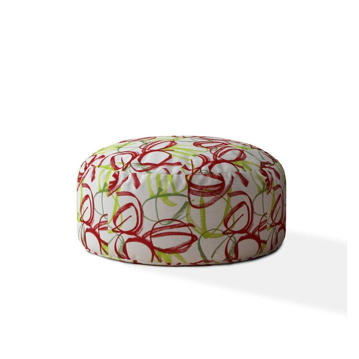 24" Red and White Cotton Round Abstract Pouf Ottoman Image 1