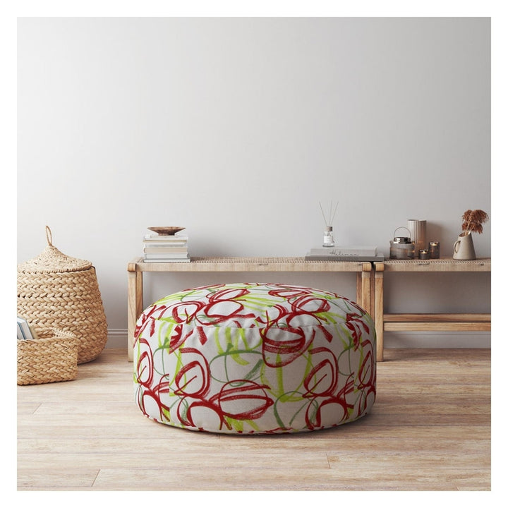 24" Red and White Cotton Round Abstract Pouf Ottoman Image 2