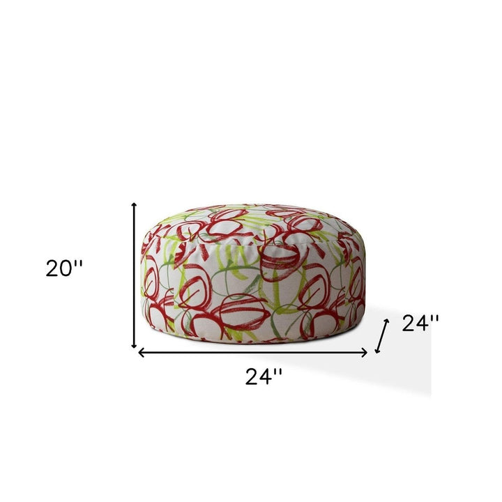 24" Red and White Cotton Round Abstract Pouf Ottoman Image 3