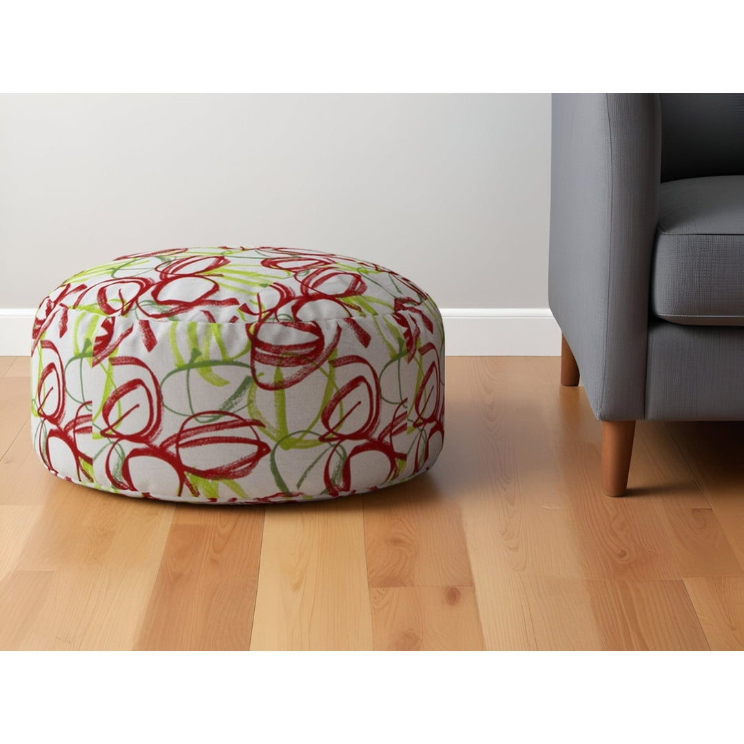 24" Red and White Cotton Round Abstract Pouf Ottoman Image 4