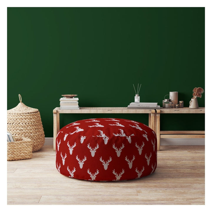 24" Red and White Cotton Round Stag Pouf Ottoman Image 2