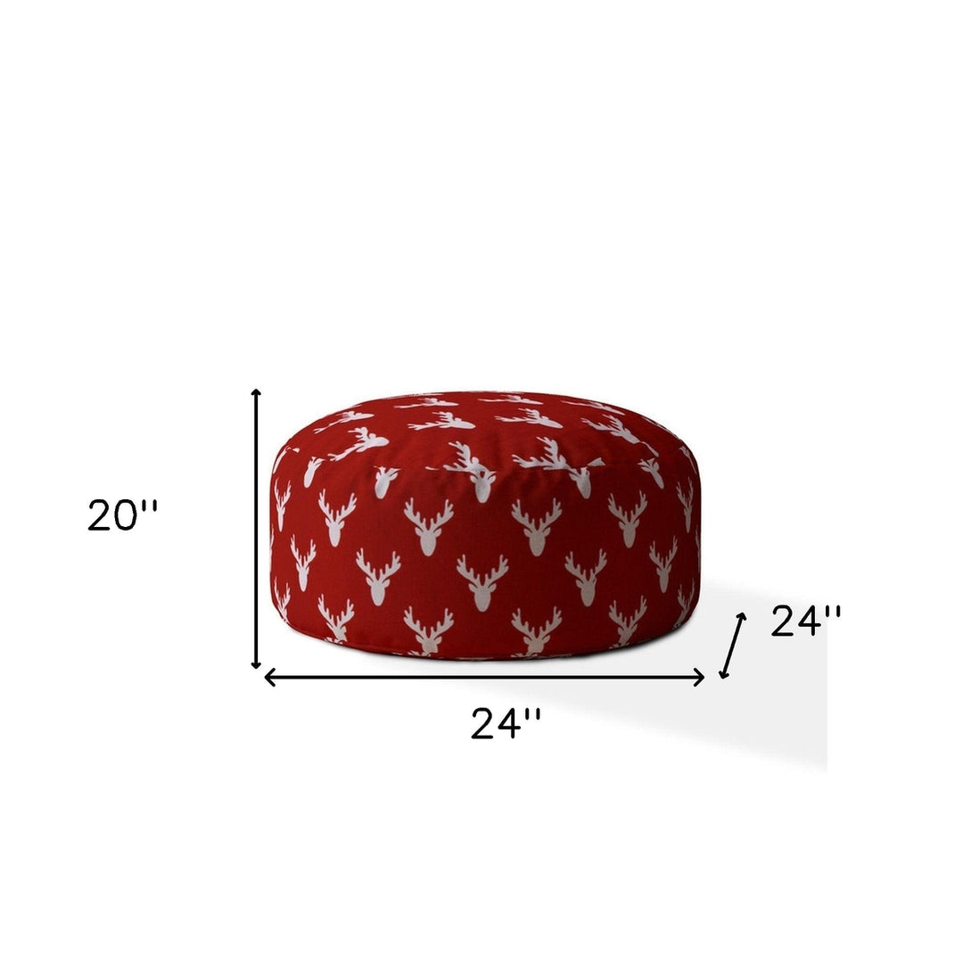 24" Red and White Cotton Round Stag Pouf Ottoman Image 3