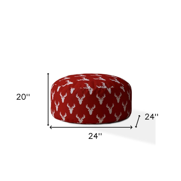 24" Red and White Cotton Round Stag Pouf Ottoman Image 3