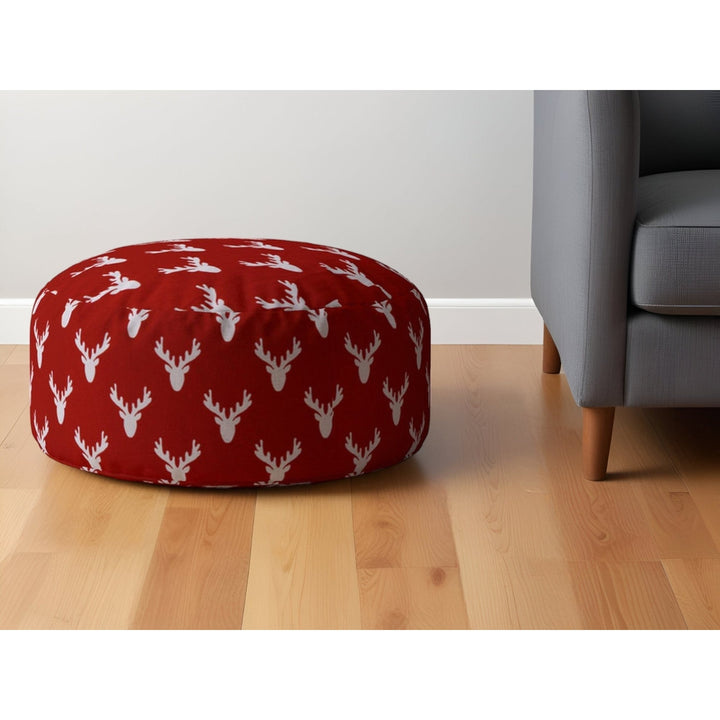 24" Red and White Cotton Round Stag Pouf Ottoman Image 4