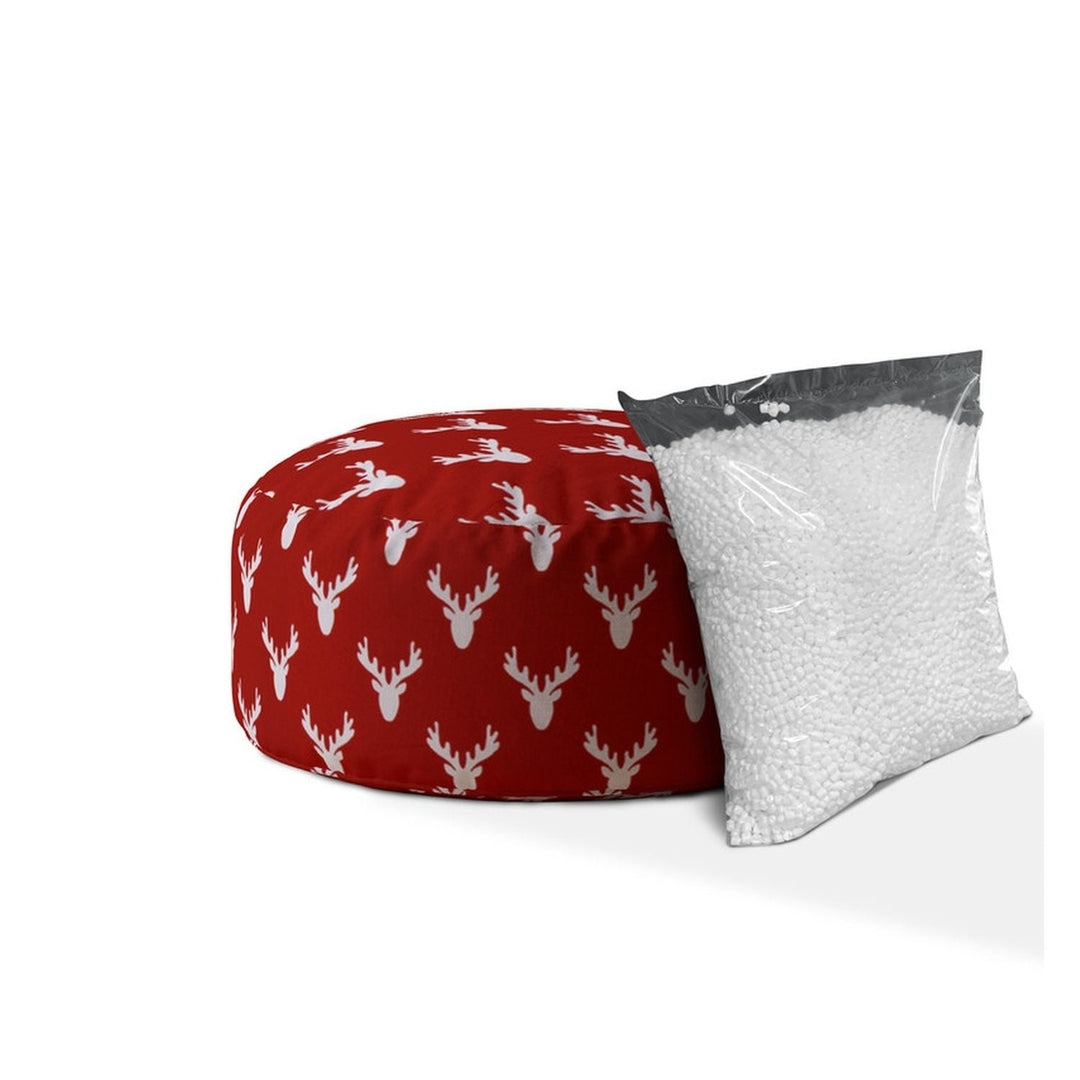 24" Red And White Cotton Round Stag Pouf Cover Image 2