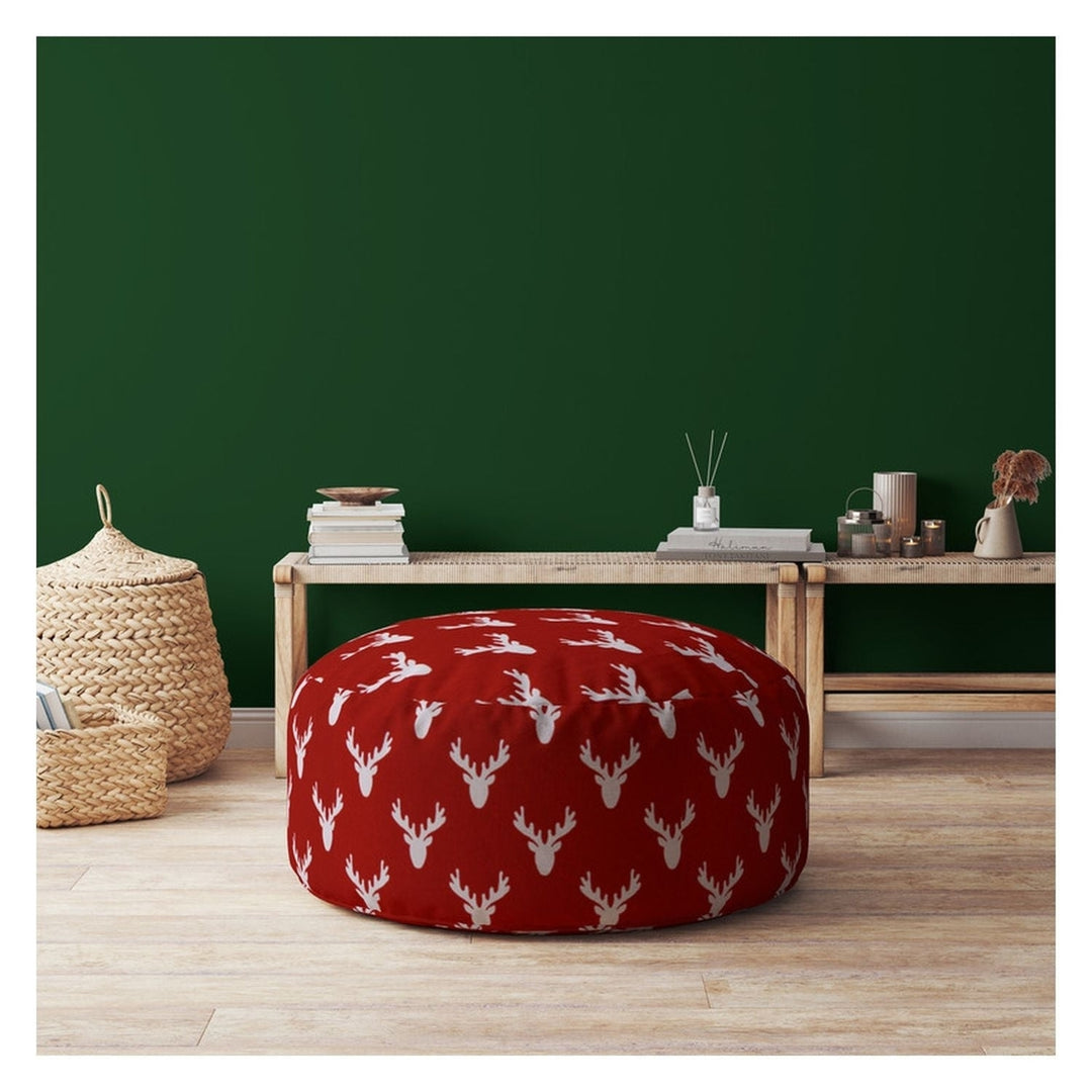 24" Red And White Cotton Round Stag Pouf Cover Image 3