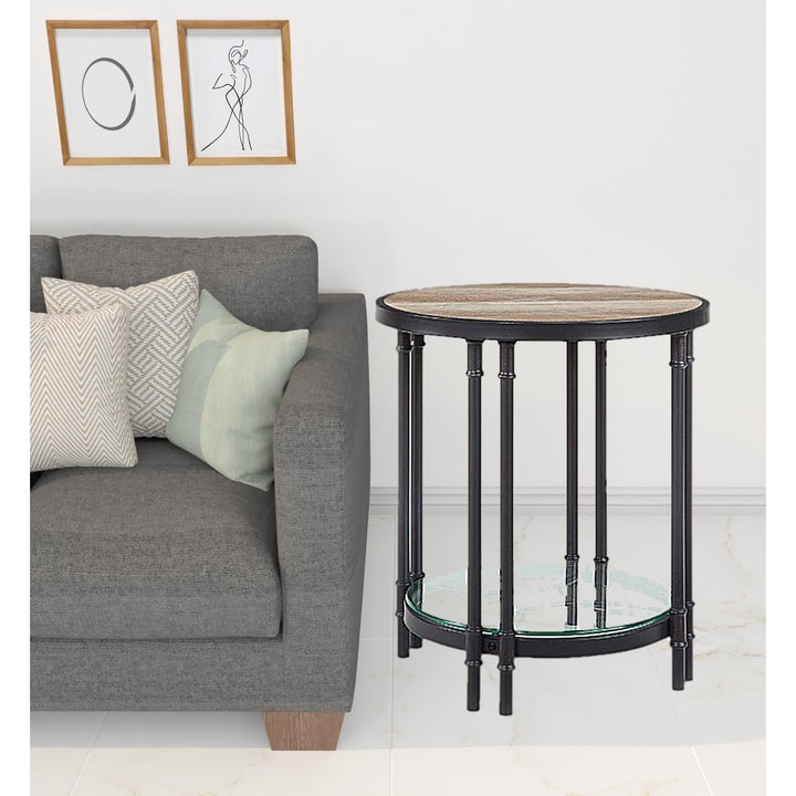 24" Sandy Black And Oak Manufactured Wood And Metal Round End Table With Shelf Image 5