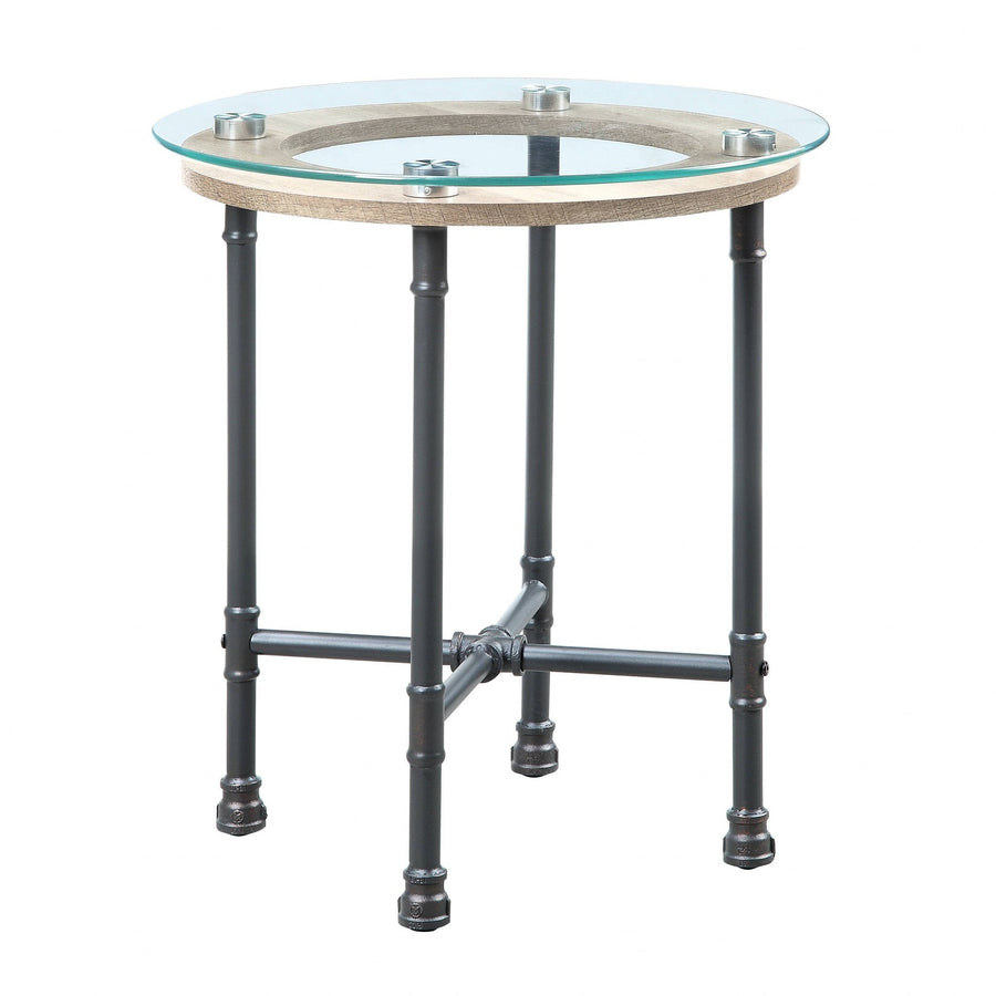 24" Sandy Gray And Clear Glass And Metal Round End Table Image 1