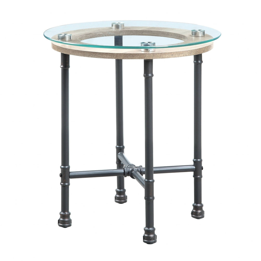 24" Sandy Gray And Clear Glass And Metal Round End Table Image 2