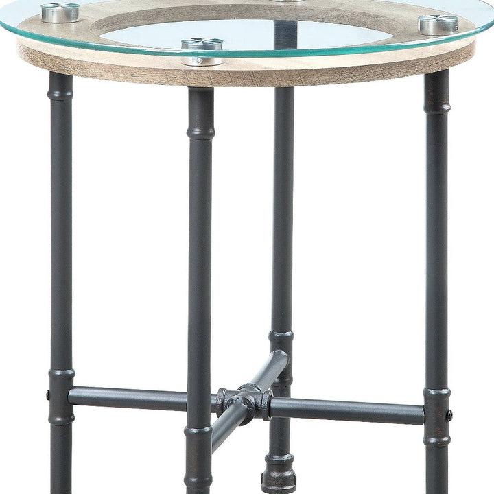 24" Sandy Gray And Clear Glass And Metal Round End Table Image 3