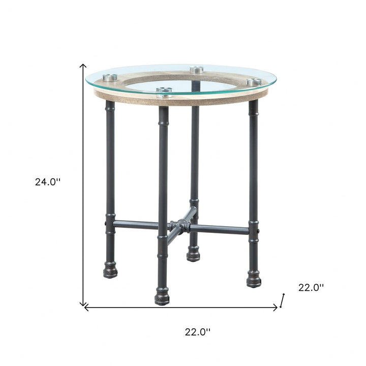 24" Sandy Gray And Clear Glass And Metal Round End Table Image 5