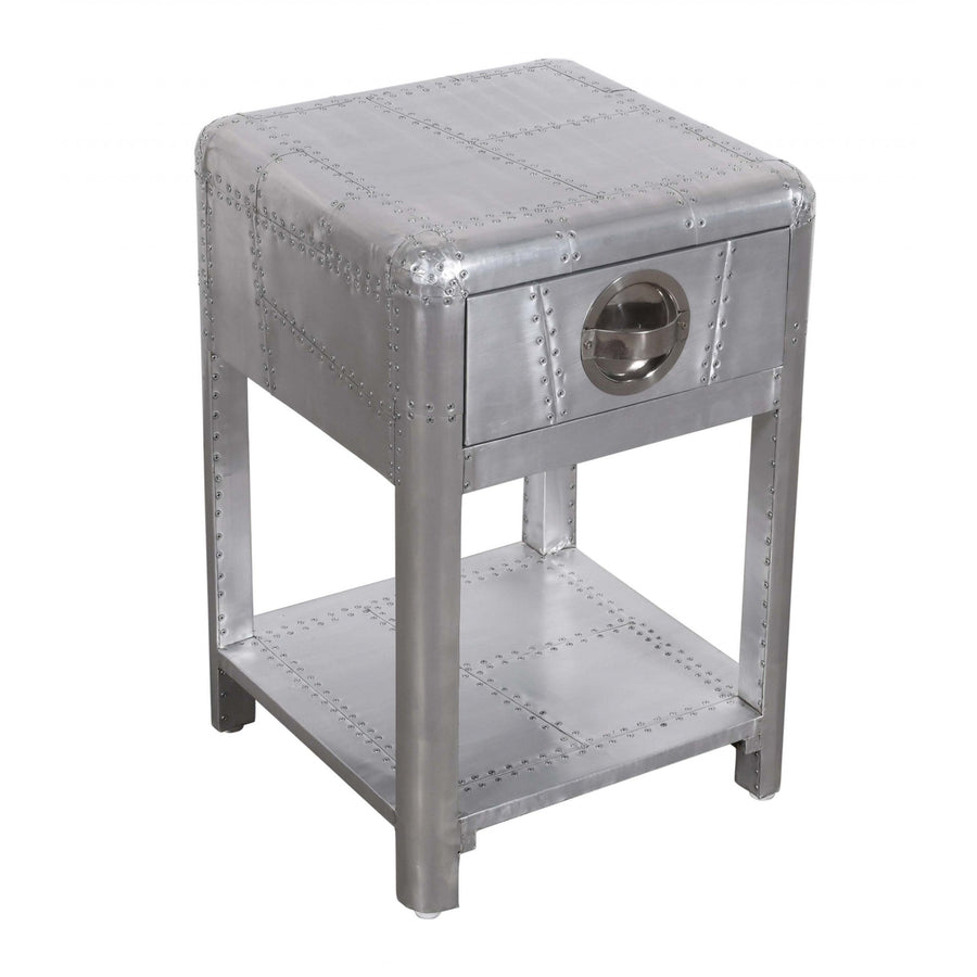 24" Silver Aluminum Square End Table With Drawer And Shelf Image 1