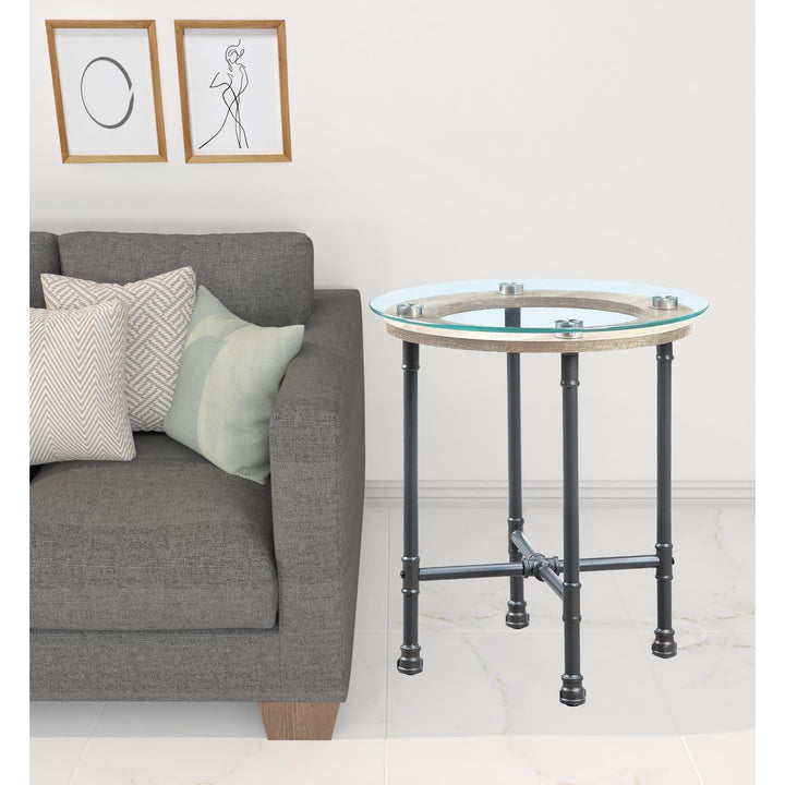 24" Sandy Gray And Clear Glass And Metal Round End Table Image 6