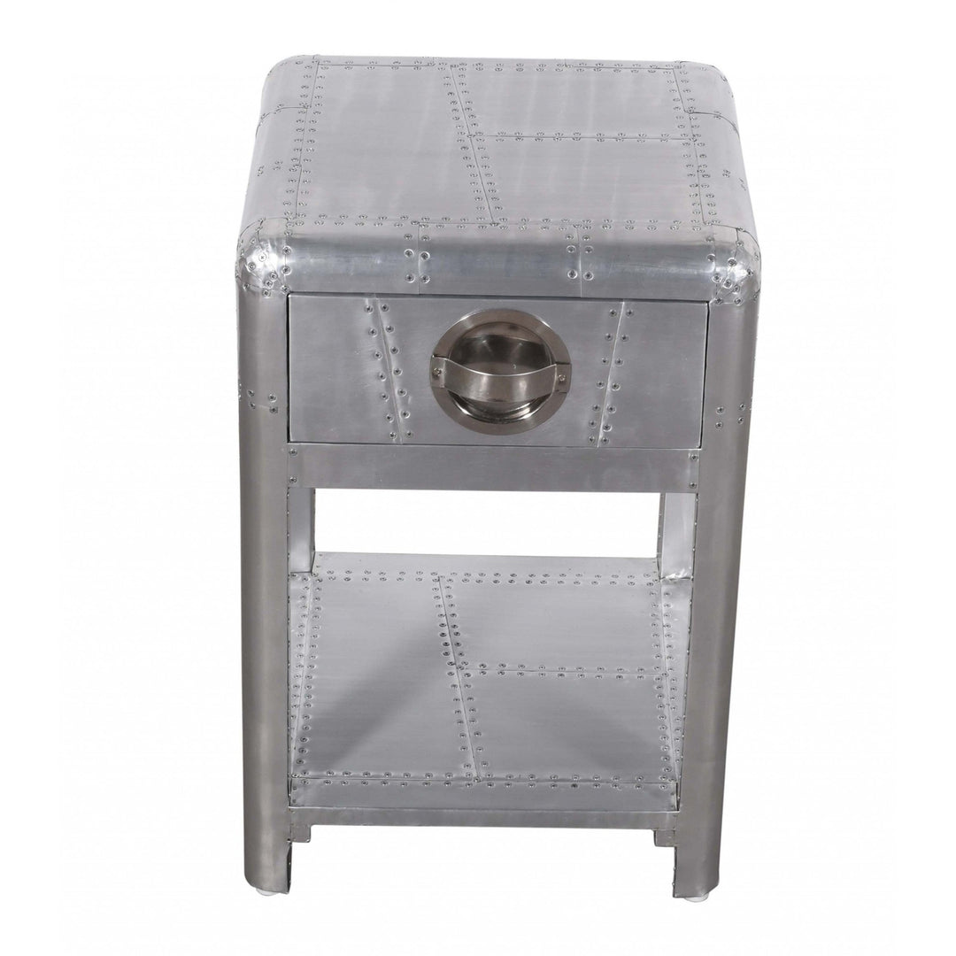 24" Silver Aluminum Square End Table With Drawer And Shelf Image 2